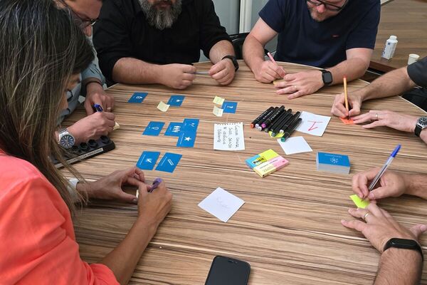Strategy cards set out across a table during a planning exercise