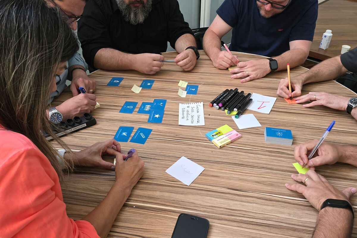 Strategy cards set out across a table during a planning exercise